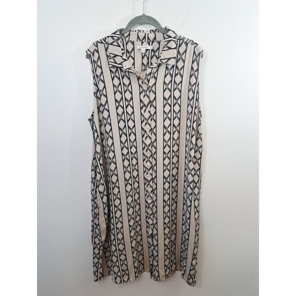 Chico's Women's Tan Black Geometric Print Button-up Shift Dress In Size 16